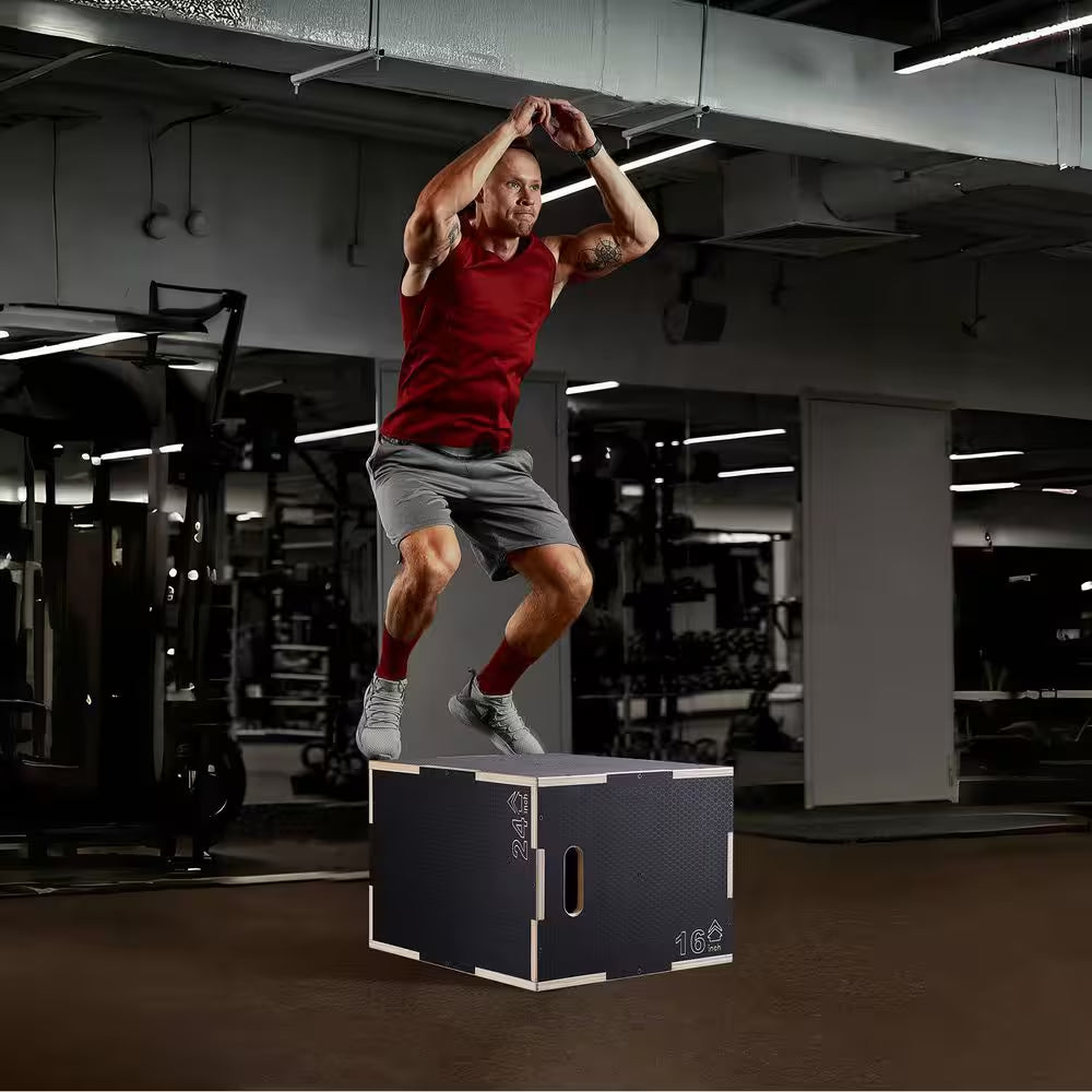 3 in 1 Plyometric Jump Box, 24/20/16 In. Anti-Slip Wooden Plyo Box, Platform & Jumping Agility Box, for Training, Black