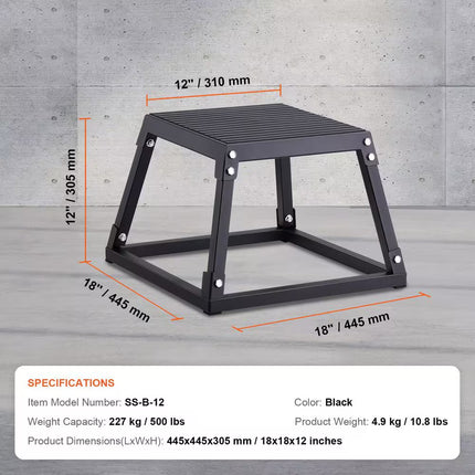 Plyometric Jump Box, 12 In. Plyo Box, Steel Plyometric Platform and Jumping Agility Box, Anti-Slip Fitness, Black