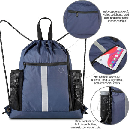 Gym-Drawstring-Backpack-Bag with Shoe Compartment and Two Water Bottle Holder Large String Backpack Sports Bag Athletic Sackpack for Men Women