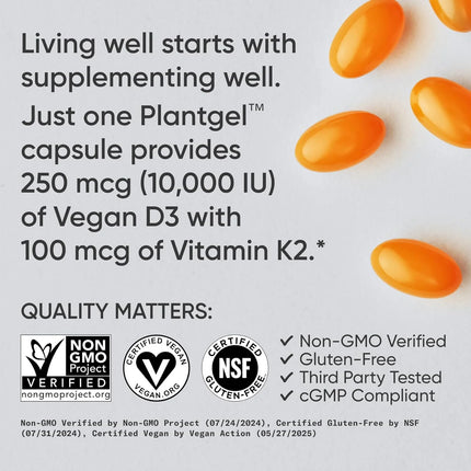 Sports Research® Vitamin D3 + K2 with 10,000Iu of Plant-Based D3 & 100Mcg of Vitamin K2 as MK-7 | Non-Gmo Verified & Vegan Certified 60Ct