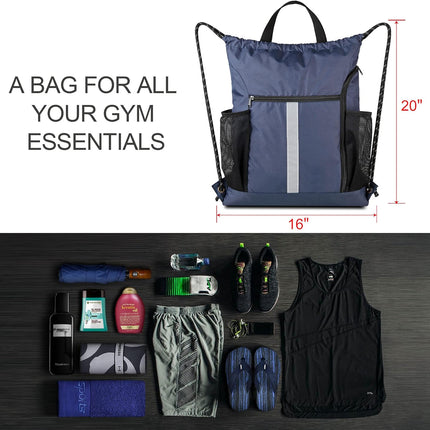 Gym-Drawstring-Backpack-Bag with Shoe Compartment and Two Water Bottle Holder Large String Backpack Sports Bag Athletic Sackpack for Men Women