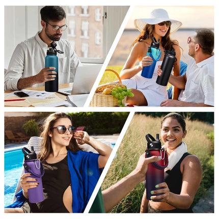 40Oz Insulated Water Bottle with Straw - Auto Spout Lid, Strap Sleeve, Paracord Handle, 40 Oz Stainless Steel Water Bottles Keep Cold 48H Hot 24H, Metal Thermo Jug for Gym Sports Hiking, Black