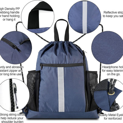 Gym-Drawstring-Backpack-Bag with Shoe Compartment and Two Water Bottle Holder Large String Backpack Sports Bag Athletic Sackpack for Men Women