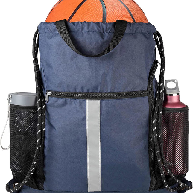 Gym-Drawstring-Backpack-Bag with Shoe Compartment and Two Water Bottle Holder Large String Backpack Sports Bag Athletic Sackpack for Men Women