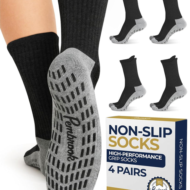 Non Slip Crew Grip Socks Men & Women - 4 Pairs | Non Slip Socks for Elderly, Hospital, Pilates, Yoga, Barre, Home