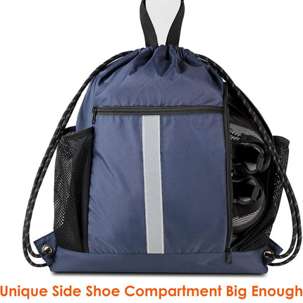 Gym-Drawstring-Backpack-Bag with Shoe Compartment and Two Water Bottle Holder Large String Backpack Sports Bag Athletic Sackpack for Men Women