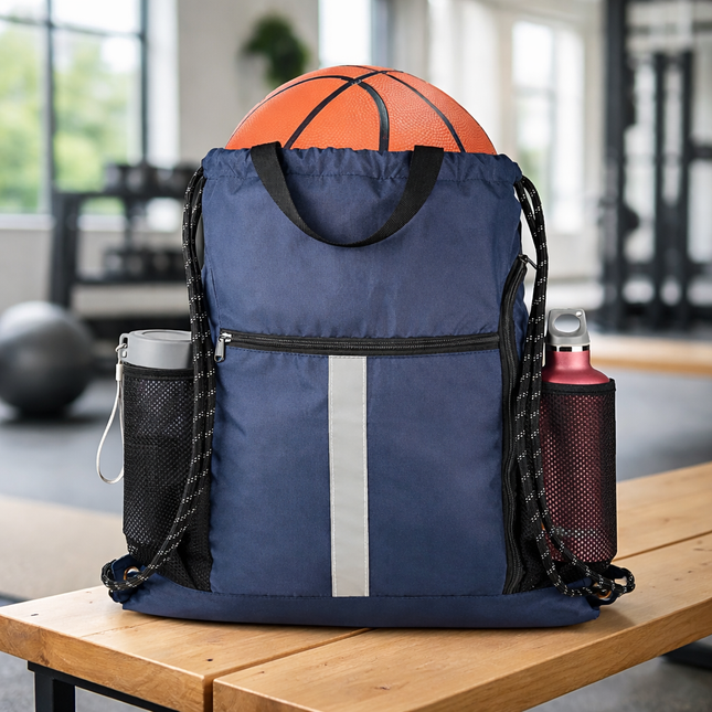 Gym-Drawstring-Backpack-Bag with Shoe Compartment and Two Water Bottle Holder Large String Backpack Sports Bag Athletic Sackpack for Men Women