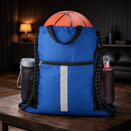 Gym-Drawstring-Backpack-Bag with Shoe Compartment and Two Water Bottle Holder Large String Backpack Sports Bag Athletic Sackpack for Men Women