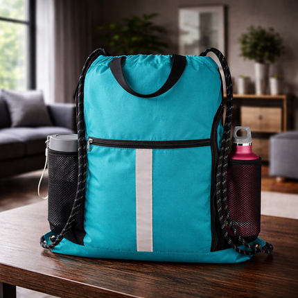 Gym-Drawstring-Backpack-Bag with Shoe Compartment and Two Water Bottle Holder Large String Backpack Sports Bag Athletic Sackpack for Men Women