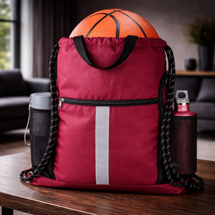 Gym-Drawstring-Backpack-Bag with Shoe Compartment and Two Water Bottle Holder Large String Backpack Sports Bag Athletic Sackpack for Men Women