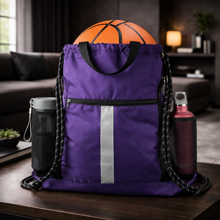 Gym-Drawstring-Backpack-Bag with Shoe Compartment and Two Water Bottle Holder Large String Backpack Sports Bag Athletic Sackpack for Men Women