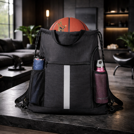 Gym-Drawstring-Backpack-Bag with Shoe Compartment and Two Water Bottle Holder Large String Backpack Sports Bag Athletic Sackpack for Men Women