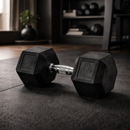 Rubber Encased Hex Dumbbell, 50Lbs, Single
