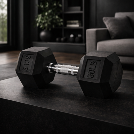 Rubber Encased Hex Dumbbell, 50Lbs, Single