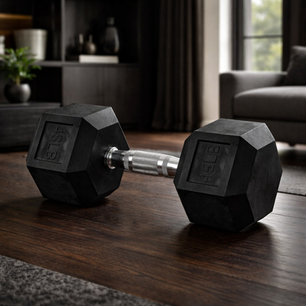 Rubber Encased Hex Dumbbell, 50Lbs, Single