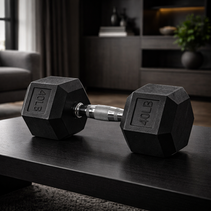 Rubber Encased Hex Dumbbell, 50Lbs, Single