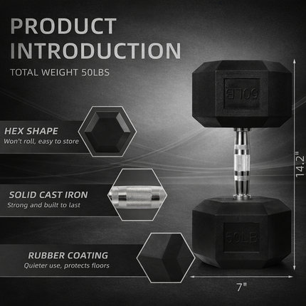 Rubber Encased Hex Dumbbell, 50Lbs, Single