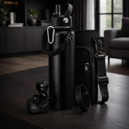 40-64Oz Insulated Water Bottle with Straw - Auto Spout Lid, Strap Sleeve, Paracord Handle, 40-64 Oz Stainless Steel Water Bottles Keep Cold 48H Hot 24H, Metal Thermo Jug for Gym Sports Hiking, Black