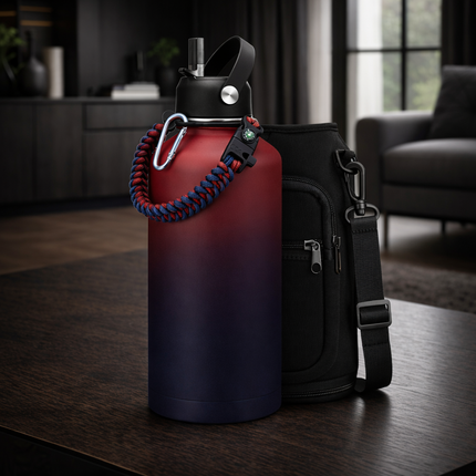 40-64Oz Insulated Water Bottle with Straw - Auto Spout Lid, Strap Sleeve, Paracord Handle, 40-64 Oz Stainless Steel Water Bottles Keep Cold 48H Hot 24H, Metal Thermo Jug for Gym Sports Hiking, Black