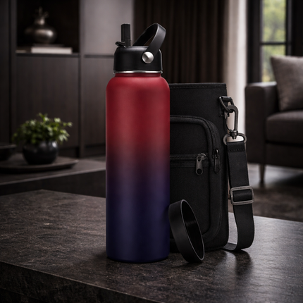 40-64Oz Insulated Water Bottle with Straw - Auto Spout Lid, Strap Sleeve, Paracord Handle, 40-64 Oz Stainless Steel Water Bottles Keep Cold 48H Hot 24H, Metal Thermo Jug for Gym Sports Hiking, Black