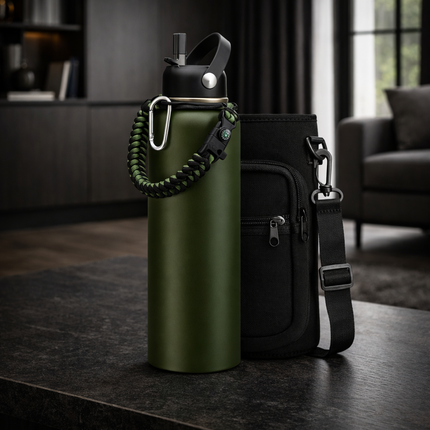 40-64Oz Insulated Water Bottle with Straw - Auto Spout Lid, Strap Sleeve, Paracord Handle, 40-64 Oz Stainless Steel Water Bottles Keep Cold 48H Hot 24H, Metal Thermo Jug for Gym Sports Hiking, Black