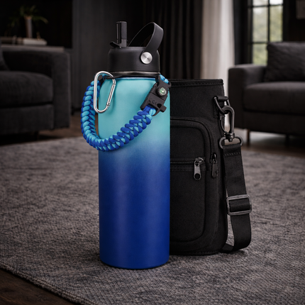 40-64Oz Insulated Water Bottle with Straw - Auto Spout Lid, Strap Sleeve, Paracord Handle, 40-64 Oz Stainless Steel Water Bottles Keep Cold 48H Hot 24H, Metal Thermo Jug for Gym Sports Hiking, Black