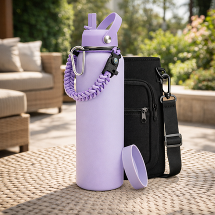 40-64Oz Insulated Water Bottle with Straw - Auto Spout Lid, Strap Sleeve, Paracord Handle, 40-64 Oz Stainless Steel Water Bottles Keep Cold 48H Hot 24H, Metal Thermo Jug for Gym Sports Hiking, Black