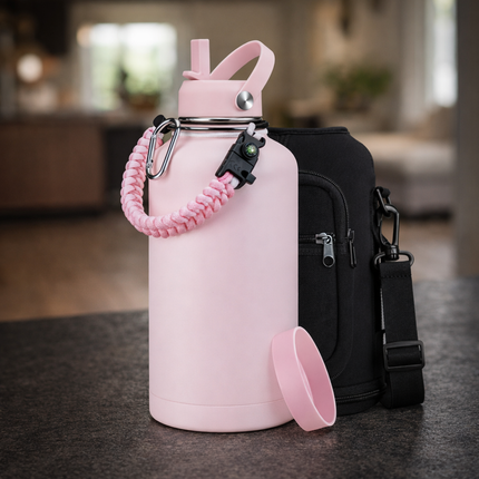 40-64Oz Insulated Water Bottle with Straw - Auto Spout Lid, Strap Sleeve, Paracord Handle, 40-64 Oz Stainless Steel Water Bottles Keep Cold 48H Hot 24H, Metal Thermo Jug for Gym Sports Hiking, Black