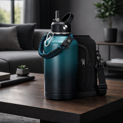 40-64Oz Insulated Water Bottle with Straw - Auto Spout Lid, Strap Sleeve, Paracord Handle, 40-64 Oz Stainless Steel Water Bottles Keep Cold 48H Hot 24H, Metal Thermo Jug for Gym Sports Hiking, Black