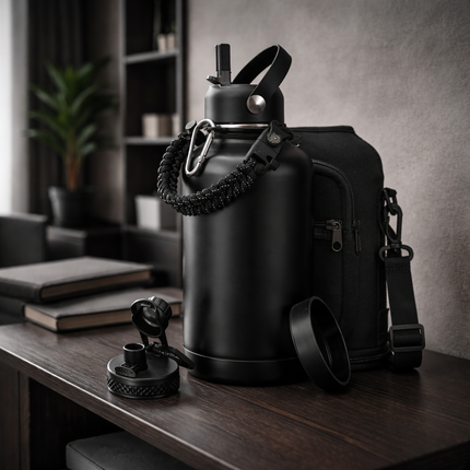 40-64Oz Insulated Water Bottle with Straw - Auto Spout Lid, Strap Sleeve, Paracord Handle, 40-64 Oz Stainless Steel Water Bottles Keep Cold 48H Hot 24H, Metal Thermo Jug for Gym Sports Hiking, Black