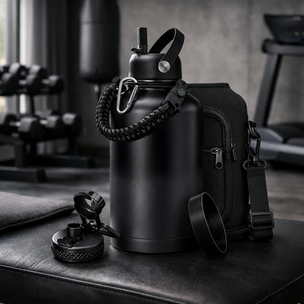 40-64Oz Insulated Water Bottle with Straw - Auto Spout Lid, Strap Sleeve, Paracord Handle, 40-64 Oz Stainless Steel Water Bottles Keep Cold 48H Hot 24H, Metal Thermo Jug for Gym Sports Hiking, Black