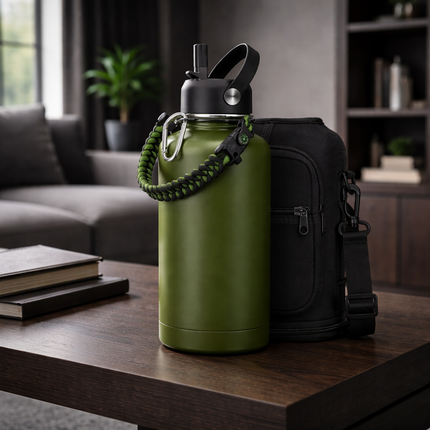 40-64Oz Insulated Water Bottle with Straw - Auto Spout Lid, Strap Sleeve, Paracord Handle, 40-64 Oz Stainless Steel Water Bottles Keep Cold 48H Hot 24H, Metal Thermo Jug for Gym Sports Hiking, Black