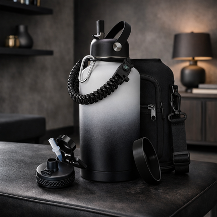 40-64Oz Insulated Water Bottle with Straw - Auto Spout Lid, Strap Sleeve, Paracord Handle, 40-64 Oz Stainless Steel Water Bottles Keep Cold 48H Hot 24H, Metal Thermo Jug for Gym Sports Hiking, Black