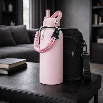 40-64Oz Insulated Water Bottle with Straw - Auto Spout Lid, Strap Sleeve, Paracord Handle, 40-64 Oz Stainless Steel Water Bottles Keep Cold 48H Hot 24H, Metal Thermo Jug for Gym Sports Hiking, Black