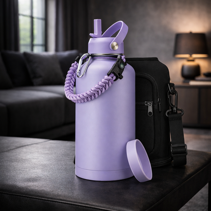 40-64Oz Insulated Water Bottle with Straw - Auto Spout Lid, Strap Sleeve, Paracord Handle, 40-64 Oz Stainless Steel Water Bottles Keep Cold 48H Hot 24H, Metal Thermo Jug for Gym Sports Hiking, Black