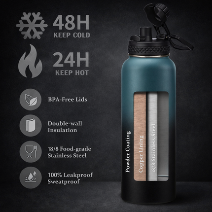 40-64Oz Insulated Water Bottle with Straw - Auto Spout Lid, Strap Sleeve, Paracord Handle, 40-64 Oz Stainless Steel Water Bottles Keep Cold 48H Hot 24H, Metal Thermo Jug for Gym Sports Hiking, Black