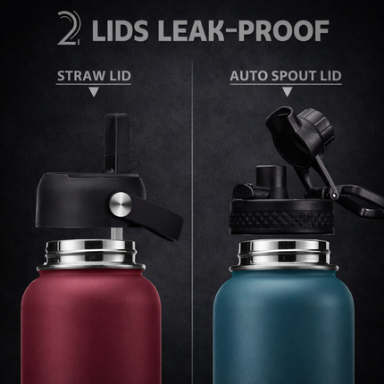 40-64Oz Insulated Water Bottle with Straw - Auto Spout Lid, Strap Sleeve, Paracord Handle, 40-64 Oz Stainless Steel Water Bottles Keep Cold 48H Hot 24H, Metal Thermo Jug for Gym Sports Hiking, Black