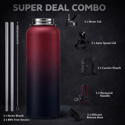 40-64Oz Insulated Water Bottle with Straw - Auto Spout Lid, Strap Sleeve, Paracord Handle, 40-64 Oz Stainless Steel Water Bottles Keep Cold 48H Hot 24H, Metal Thermo Jug for Gym Sports Hiking, Black