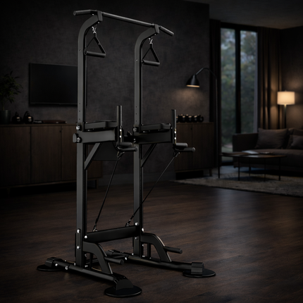 Power Tower Dip Station, Pull up Bar Stand Power Rack with Backrest and Resistance Band, Height Adjustable Strength Training Equipment for Fitness Home Workout, Black
