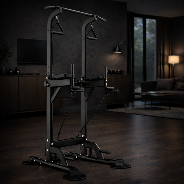 Power Tower Dip Station, Pull up Bar Stand Power Rack with Backrest and Resistance Band, Height Adjustable Strength Training Equipment for Fitness Home Workout, Black