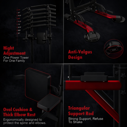 Power Tower Dip Station, Pull up Bar Stand Power Rack with Backrest and Resistance Band, Height Adjustable Strength Training Equipment for Fitness Home Workout, Black