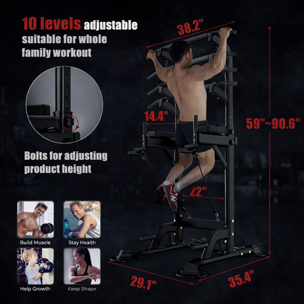 Power Tower Dip Station, Pull up Bar Stand Power Rack with Backrest and Resistance Band, Height Adjustable Strength Training Equipment for Fitness Home Workout, Black
