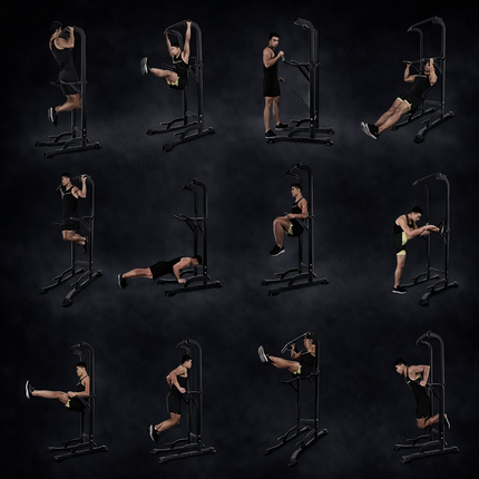 Power Tower Dip Station, Pull up Bar Stand Power Rack with Backrest and Resistance Band, Height Adjustable Strength Training Equipment for Fitness Home Workout, Black