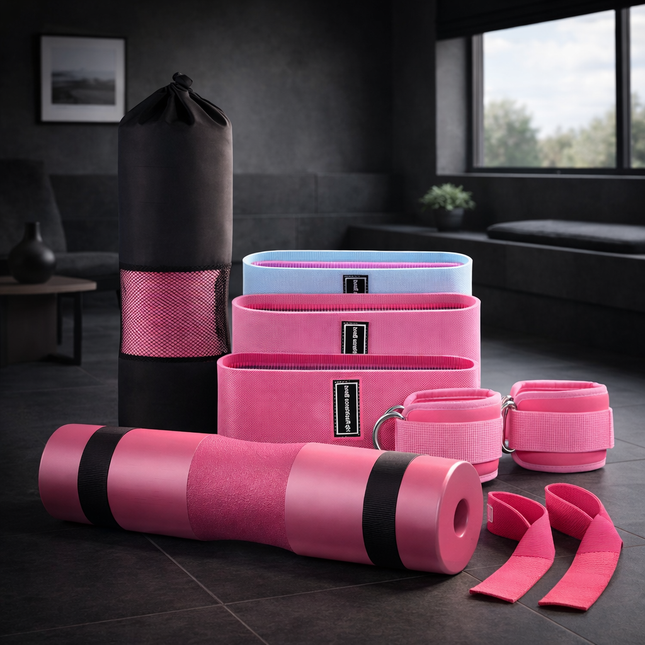 9 Pcs Barbell Pad Set, Barbell Squat Pad for Hip Thrusts, Lunges, Leg Day with 2 Gym Ankle Straps, 3 Hip Resistance Bands, 2 Lifting Strap, Barbell Pad and Carry Bag, Black