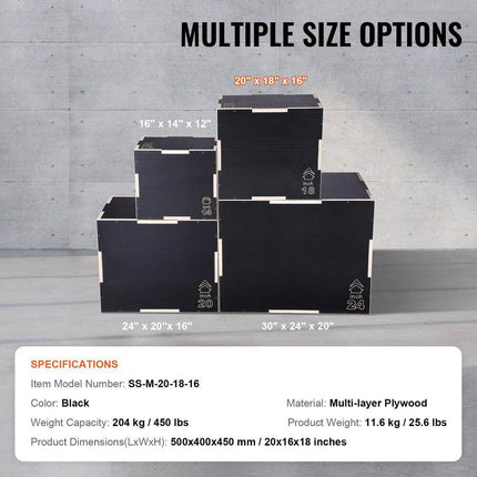 3 in 1 Plyometric Jump Box, 20/18/16 In. Wooden Plyo Box, Platform and Jumping Agility Box, Anti-Slip Fitness Exercise