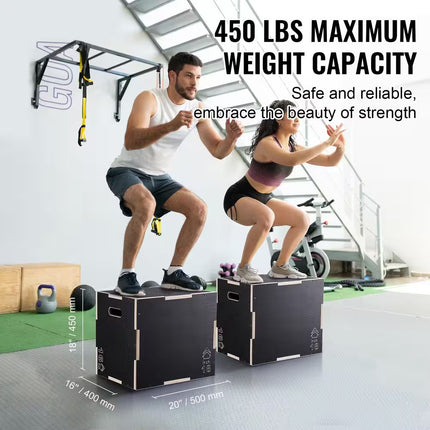 3 in 1 Plyometric Jump Box, 20/18/16 In. Wooden Plyo Box, Platform and Jumping Agility Box, Anti-Slip Fitness Exercise