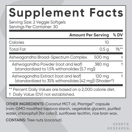 Ashwagandha 500Mg - 60 Veggie Softgels - Natural Stress & Anxiety Support