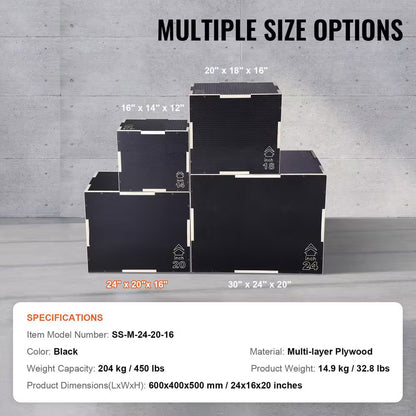 3 in 1 Plyometric Jump Box, 24/20/16 In. Anti-Slip Wooden Plyo Box, Platform & Jumping Agility Box, for Training, Black